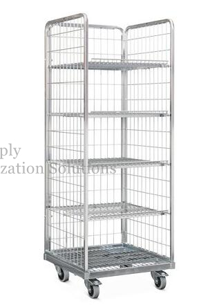 Four Mesh 2 Shelves Nestable Wire Roll Cage for Tools Storage