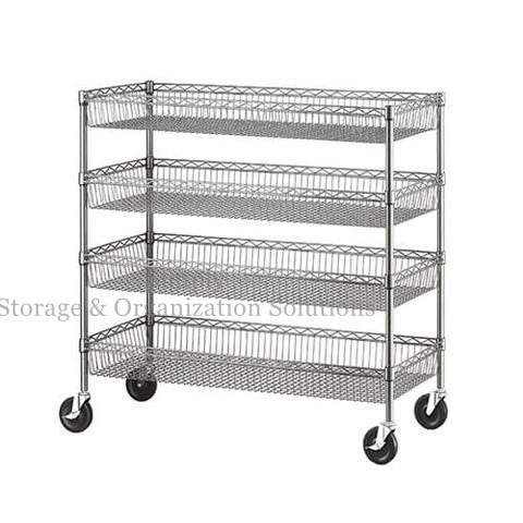 4 Layers Epoxy Coated Wire Baskets Shelving Units with Castors Grocery Display Wire Rack