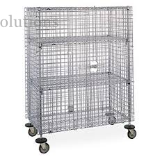 Cold Steel Galvanized Mobile Wire Security Cages Three Shelves For Hotel Transship